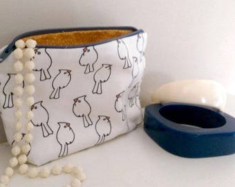 Pretty purse accessory pouch ,Bird repeat printed fabric make up pouch