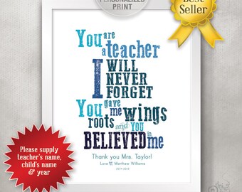 8x10 Personalized Teacher Appreciation Gift Idea / Teacher Print / End of Year Teacher Gift / Thank You Card / Roots Wings Believe