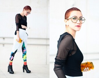 sheer stretch top t shirt black white ivory red denim