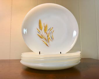 Fire King Milk Glass Salad Plates - Set of 6 / Anchor Hocking Wheat Pattern