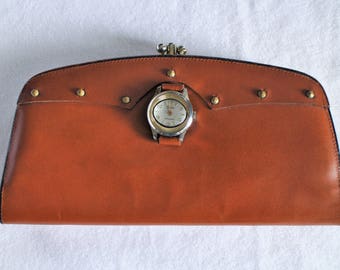 Vtg Brown Wallet with Watch face Ladies Honey Brown Sheffield Billfold Brass Clasp Sheffield Watch