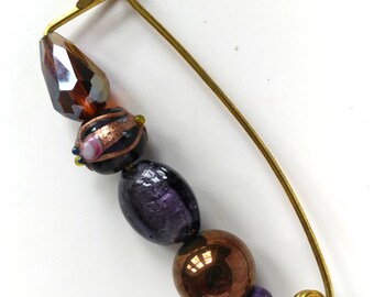 Hammered Brass Shawl Pin with Glass and Stone Beads