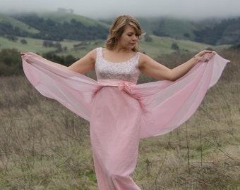 CHARMED 1960's Vintage Maxi Length Evening Gown Silk Chiffon Overlay Pale Pink and Silver