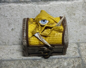 Treasure Chest Desk Organizer Monster Trinket Box Ring Box Small Storage Stash Yellow Leather 287