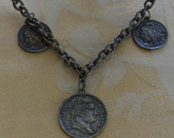 French Coin Necklace, Vintage, Darkened Brass, Vintage, 34" (E7)
