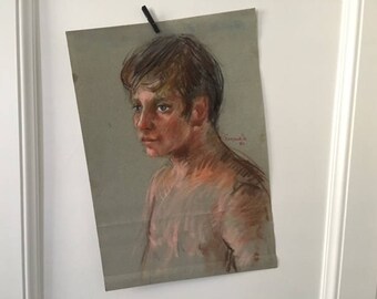 Vintage Portrait, Portrait Drawing Vintage, Oil Pastel Portrait, Portrait of Man, Portrait Drawing, Vintage Original Drawing, 1980's Art