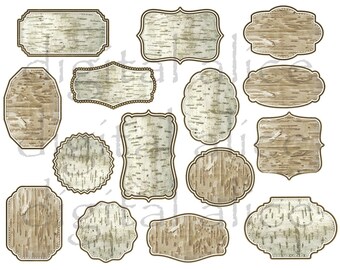 BIRCH BARK LABELS - Faux Framed Birchbark Frames - Rustic Birch Bark Labels Tags -Write on DiY- Instant Download Digital Printable - 2 sizes