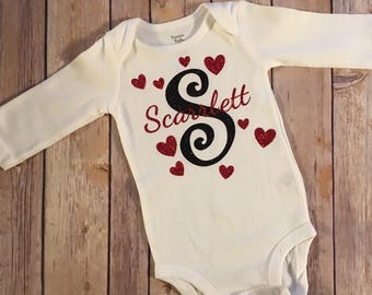 personalized initial and name with heart bodysuit
