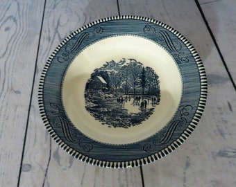 Currier and Ives Early Winter Soup Bowl, Royal China, Blue and White Transferware, 1960's Kitchen, Vintage Blue and White China