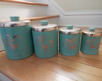 Ransburg Teal and Copper Metal Canister Set with Chickens & Roosters - Four-Piece 1950s Covered Canister Set - Retro Kitchen Canister Set