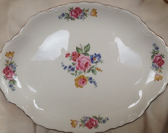 Vintage Scio Pottery Co. Medium Platter-Hazel Pink Roses, Blue Yellow Bouguet-Gold Trim