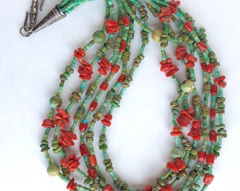 Native American Sterling Nevada Green Turquoise And Coral Multi Strand Beaded Necklace 20”, Coral Necklace, Turquoise Necklace, Multi Strand