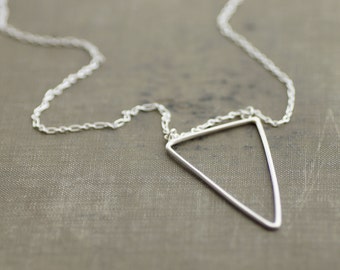 Long Sterling Silver Chain Necklace with Triangle Pendant - Black Tourmaline Accent