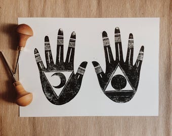 Lunar-Sun Hands Print - Lino | Block Print | Home Decor | Art Print | Handmade | Art