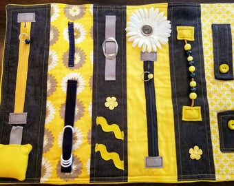Fidget Quilt Alzheimers Activity Blanket Sensory Dementia Brain Trauma Tactile Lap Autistic Handmade Yellow Denim