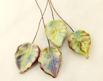Lampwork Beads, Headpins, Glass Leaf Head Pins, Headpin on 20Ga Antique Copper Wire, Green, Blue, Brown, Purple, Leaves