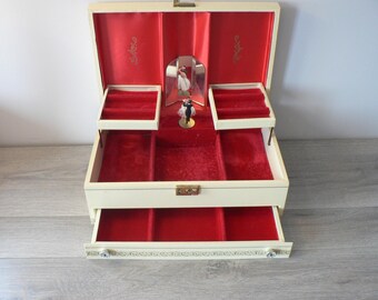 Vintage Reuge Ladies Tiered Musical Jewelry Box - Swiss Musical Movement Mechanism - Ballroom Couple - Red Velvet Interior - Ballerina