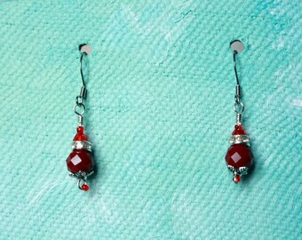 Silver and red hand crafted drop earrings