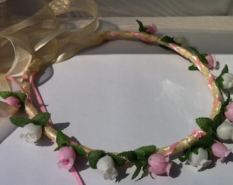 Flower Girl Head Wreath Renaissance Bridesmaid Flower Girl Floral Ribbon Crown Halo Head Piece Wreath Garland Pink Ivory Mint C-Arianna