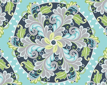Fabric - Flourish Medallion Turquoise, Cotton Fabric, Turquoise Fabric, Fabric by the Yard, Fat Quarter, Quilting Fabric