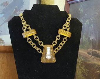 Vintage Art Deco Apple Juice Bakelite Pendant W/Celluloid Chain Brass Clasp 1930s