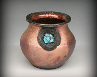 Raku Pot Copper Metallic with Turquoise Stone
