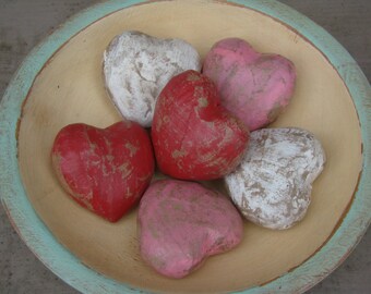 Primitive Cottage Chic Shabby Paper Mache Valentine's Day Hearts, red, pink and white, Small size