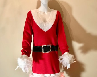 Hand made Women's Santa Tacky Ugly Christmas Sweater Dress with Belt, Boas and Lights Sizes (2X & 3X)