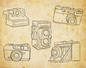 Hand Drawn Cameras Clip Art, Outline Cameras Clipart, polaroid vintage Digital vector and png Cameras, Vector EPS - INSTANT DOWNLOAD