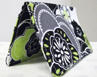 Fabric business card holder, black and green floral print