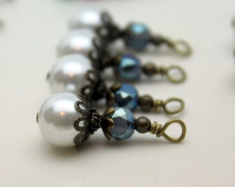 White Round Pearl and Montana Blue Coin Crystal Bead Dangle, Pendant, Earring Dangle, Charm Drop Set