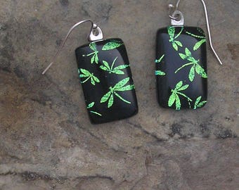 Dragonfly Earrings Fused Dichroic Glass Green Dragonfly Jewelry
