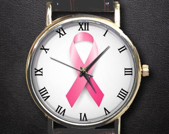 Breast Cancer Ribbon watch,Custom engraved watchband,Cancer awareness watch,Hope watch,Portion of proceeds donated to charity.