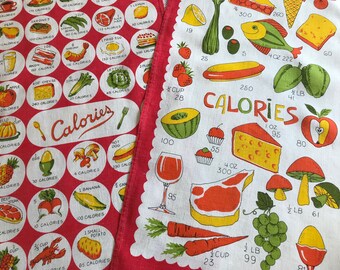 Set of 2 Kitschy Pure Linen Kitchen Towels~CALORIES~MCM~Mid-Century Fun~Coordinating Vintage Linens~That 60's & 70's House~EUC Retro~Orange