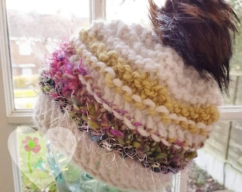 Hand Knit Hat Chunky Beanie Hat 100% Wool White and Rainbow Art Yarn