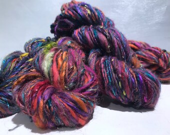 scrap yarn, bulky, thick and thin, super texture, mixed fiber Handspun , MTO, "Kaleidescope"