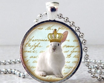 White Bunny Glass Pendant Necklace, White Rabbit Pendant, Rabbit Jewelry, Rabbit with Crown Necklace, King Bunny, Christmas Present