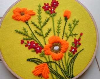 Embroidered Floral Hoop Art / Wall Art, Vintage 70s Minuet Red & Orange Wildflowers Embroidery Textile / Fiber Flower Retro Gift For Her