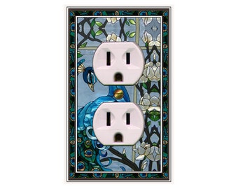 0299x- Blue Stained Glass Peacock (not actual glass) - mrs butler switch plate covers -