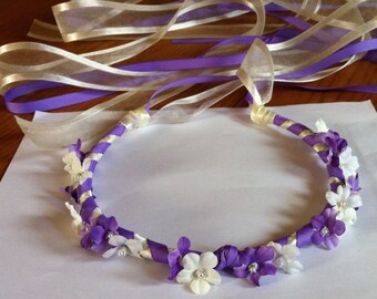 Flower Girl Head Wreath - Dual Color Small Floral Bridal or Ribbon Crown Halo Head Piece Wreath Garland silver gray grey white C-June