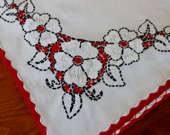 Vintage Linen Tablecloth Hand Embroidered Flowers Red Black White Bright Country Kitchen