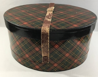 Vintage, Hat, Box, Large, Oval, Red, Black, Green, Plaid, Equestrian, Style, Brown, Leather, Adjustable, Buckle, Strap, Handle, 14 x 12