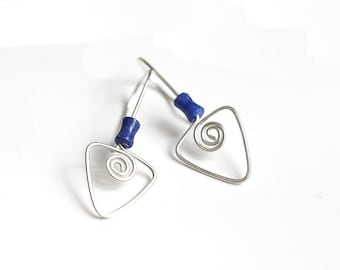 Sterling Silver Triangle Earrings, Drop Earrings, Lapis Earrings, Modern Silver Earrings, 18 Gauge Earrings