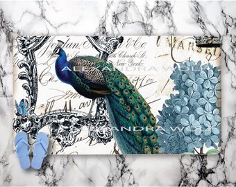 Peacock Bath Mat - Hydrangea Bath Mat - Bird Rug Bird Bath Mat- Blue floral Bath Mat - Hydrangea Home Decor - Peacock Bathroom Decor