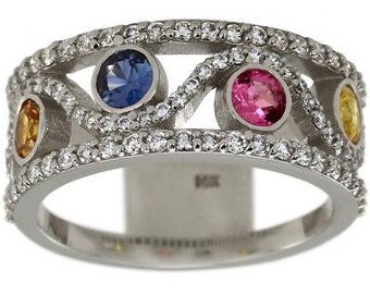 Sapphire Ring Pink Sapphire Blue Sapphire Yellow Sapphire Diamond Ring In 14K White Gold