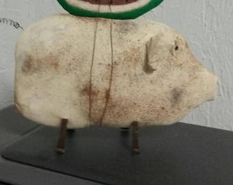 Primitive Folk Art Pig and Watermelon SALE