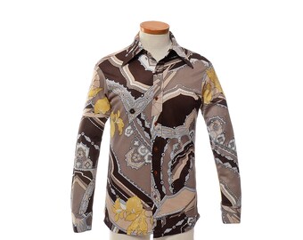Vintage 70s Mens Abstract Print Disco Shirt 1970s Mod Floral Nylon Pimp Boogie Saturday Fever Club Disco Dance Party Shirt / S
