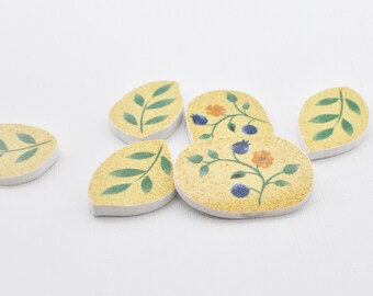 Broken China Mosaic Tile - Blue Yellow Flowers - Cabochon - Set of 6 Focal