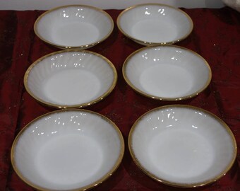 Vintage FIRE KING milk glass swirl Anniversary salad soup bowls gold trim