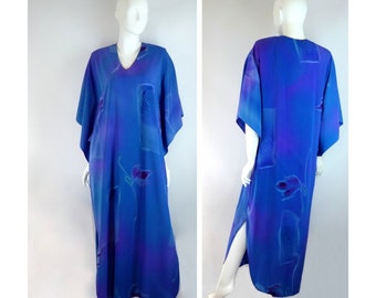 Caftan Ruth Norman for Neiman Marcus, Blue Purple Watercolor Kaftan with Gold Trim, Vintage 1980s Size Medium